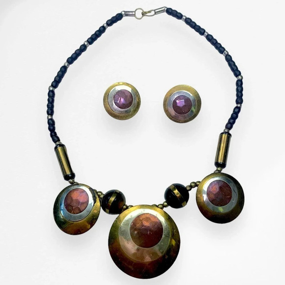 Vintage 90's Necklace Earring Set Beaded Disk Black Brown Bronze/Copper Jewelry - Picture 1 of 11